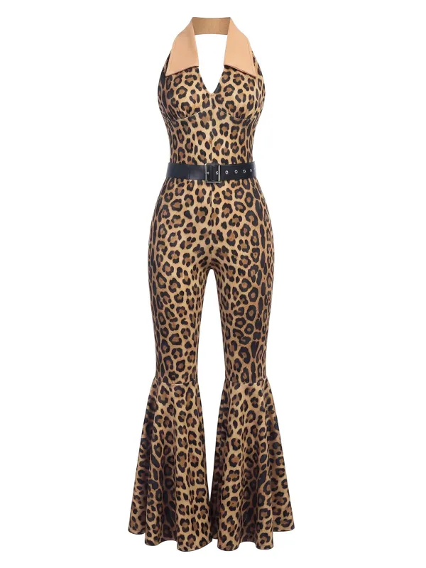 [Pre-Sale] Brown 1970s Leopard Pattern Patchwork Halter Jumpsuit made by Retro Stage