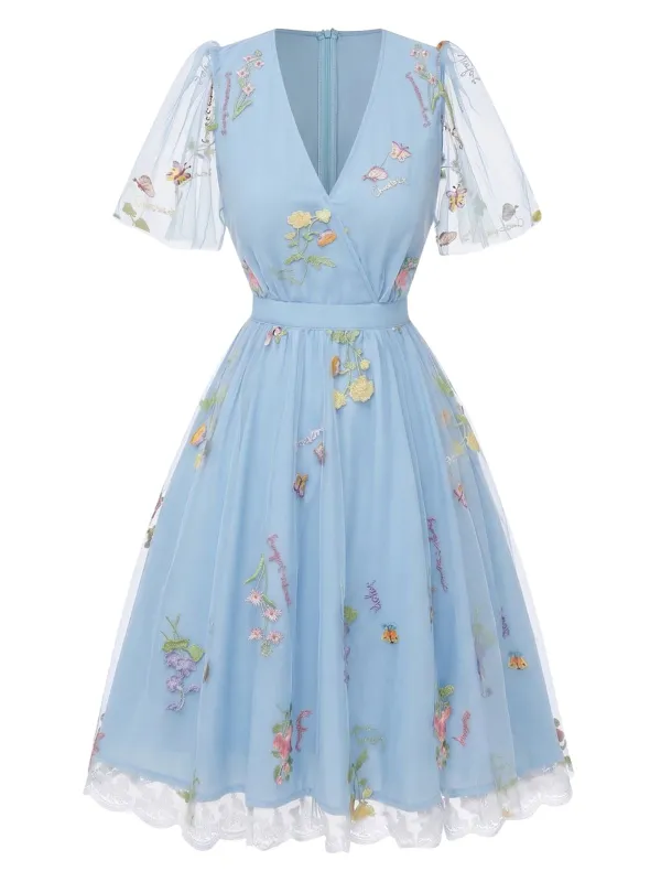 [Pre-Sale] Blue 1950s Floral Puff Sleeve Mesh Embroidered Dress made by Retro Stage