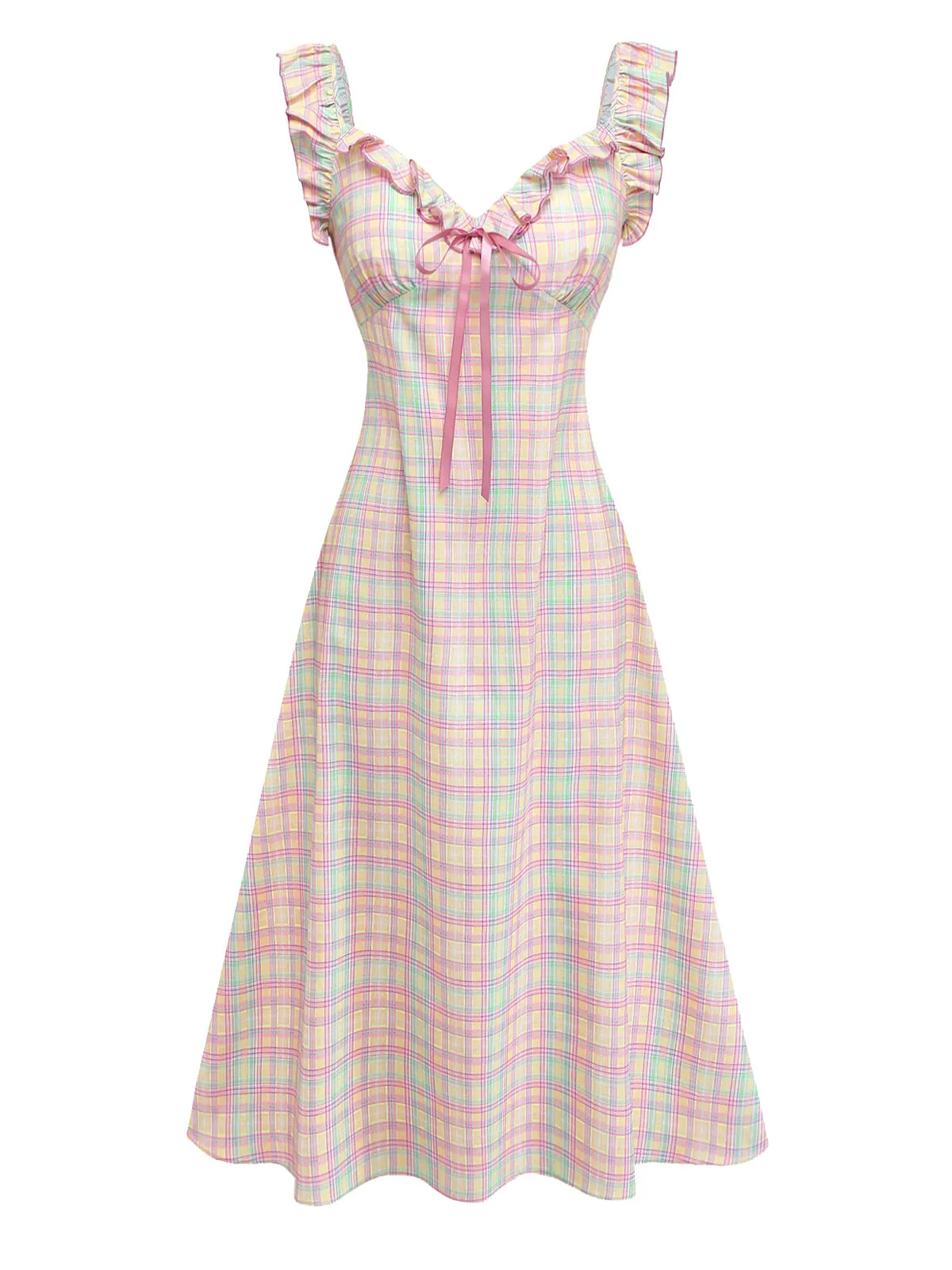1950s Pastel Plaid Ruffled Bow Sweetheart Neck Swing Dress sold by Retro Stage product image thumbnail 2