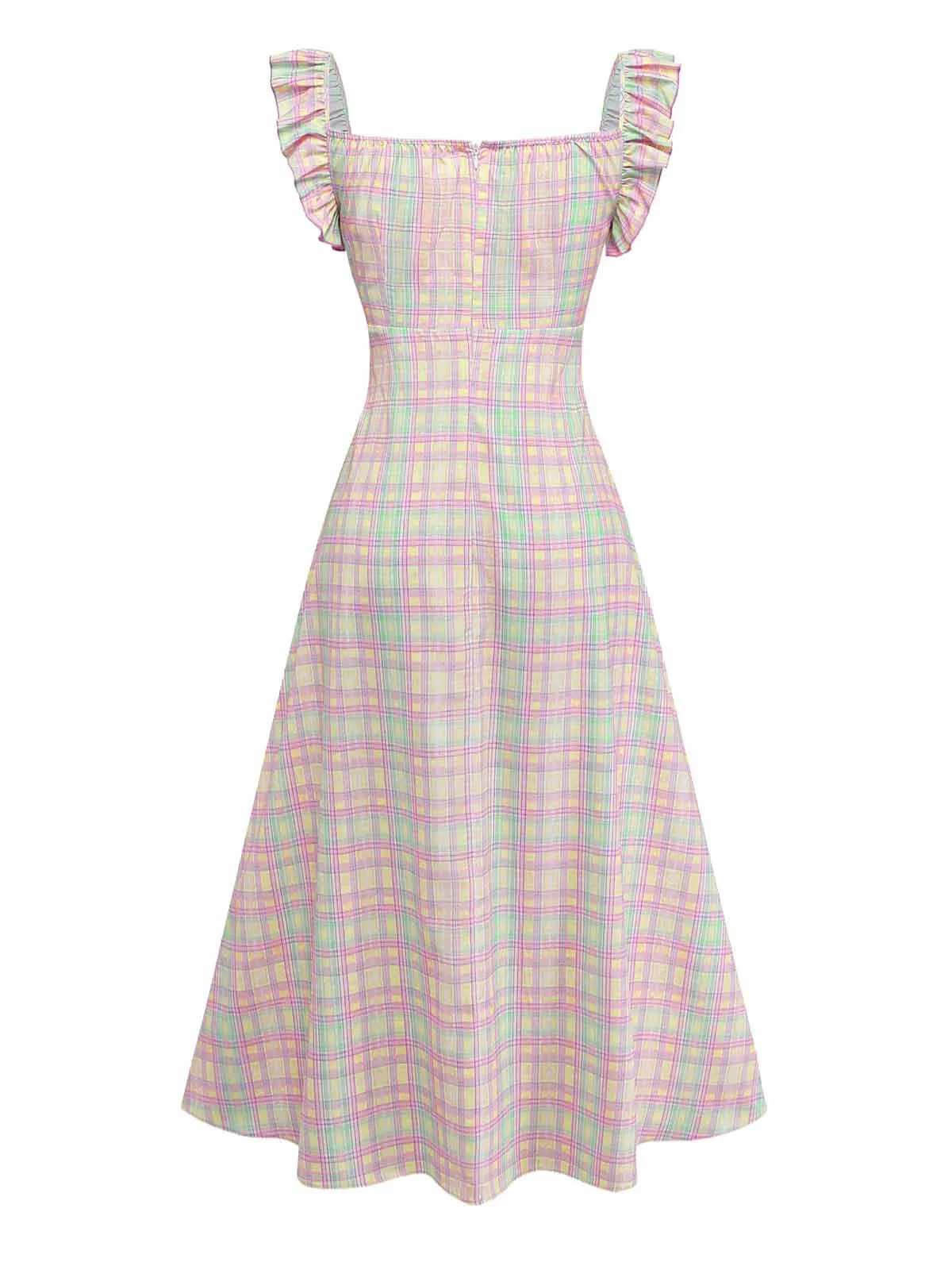 1950s Pastel Plaid Ruffled Bow Sweetheart Neck Swing Dress sold by Retro Stage product image thumbnail 4