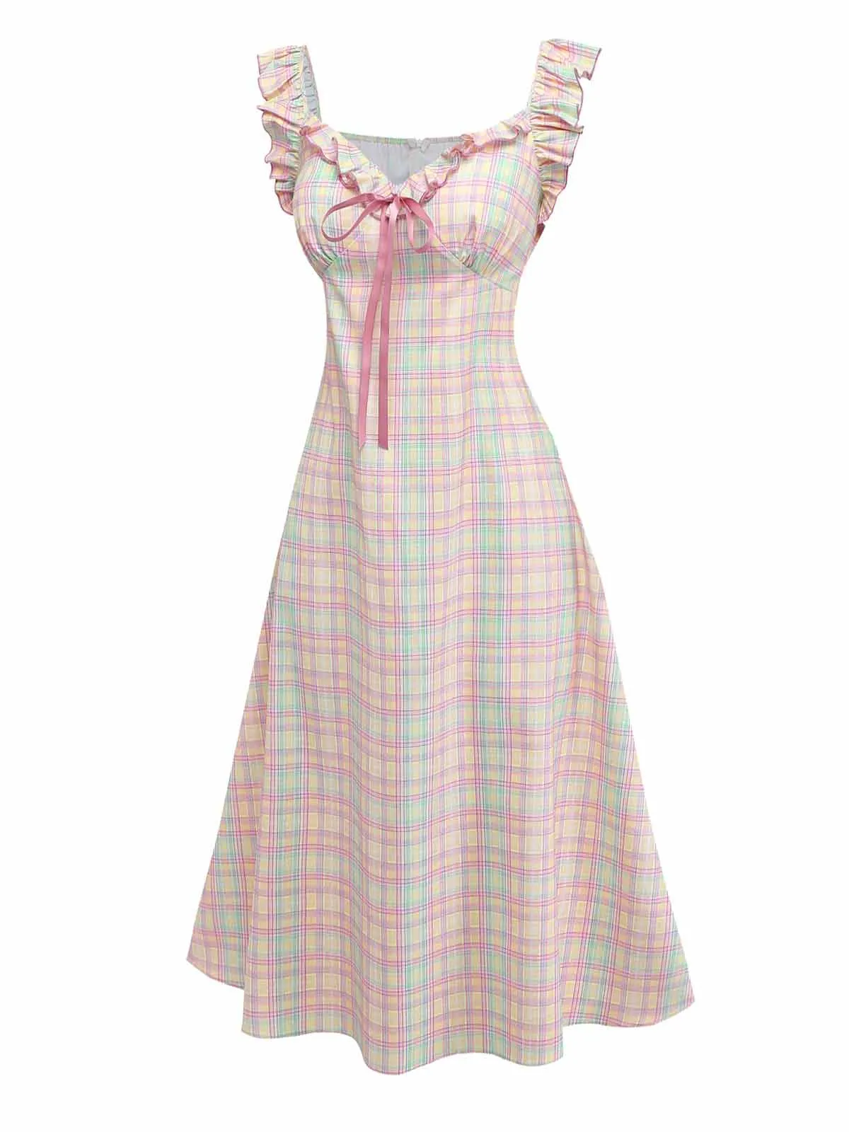 1950s Pastel Plaid Ruffled Bow Sweetheart Neck Swing Dress sold by Retro Stage product image thumbnail 3