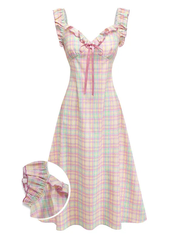 1950s Pastel Plaid Ruffled Bow Sweetheart Neck Swing Dress made by Retro Stage
