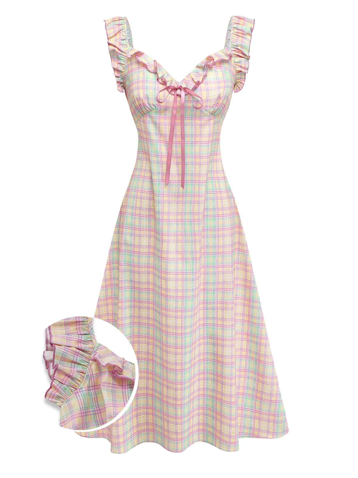 1950s Pastel Plaid Ruffled Bow Sweetheart Neck Swing Dress sold by Retro Stage