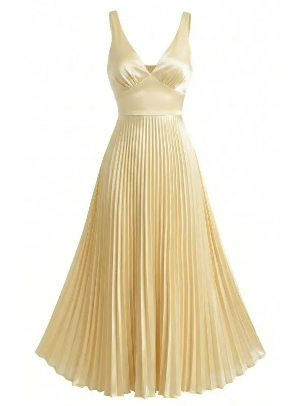 Champagne 1950s Satin Backless Pleated Dress made by Retro Stage