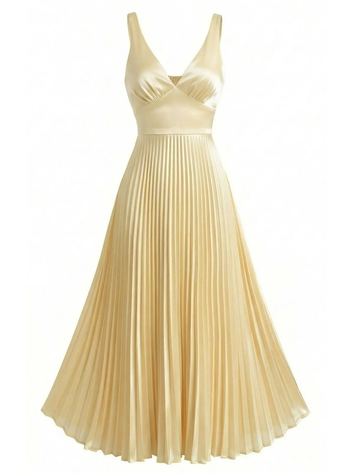 Champagne 1950s Satin Backless Pleated Dress sold by Retro Stage
