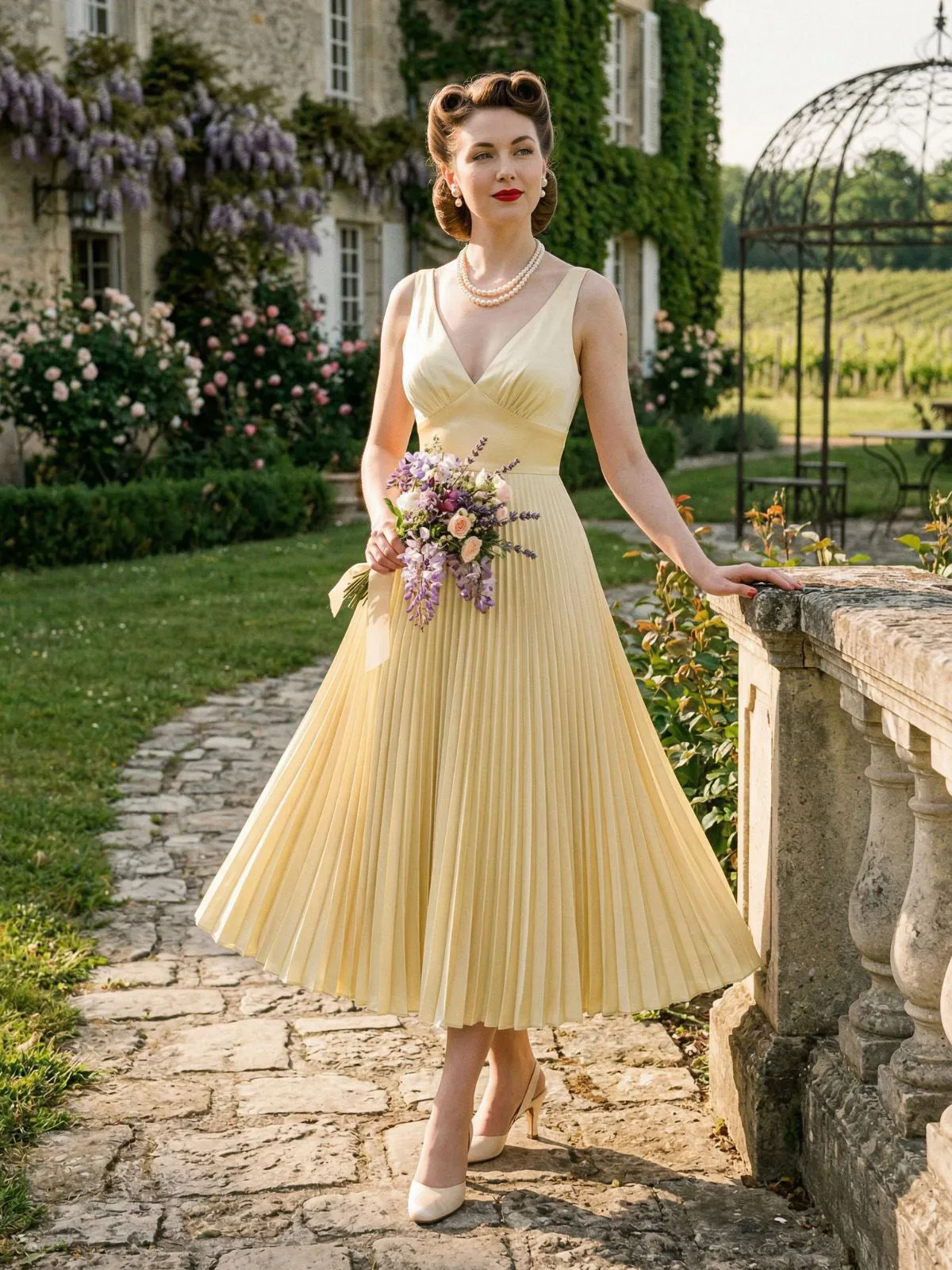 Champagne 1950s Satin Backless Pleated Dress sold by Retro Stage product image thumbnail 3