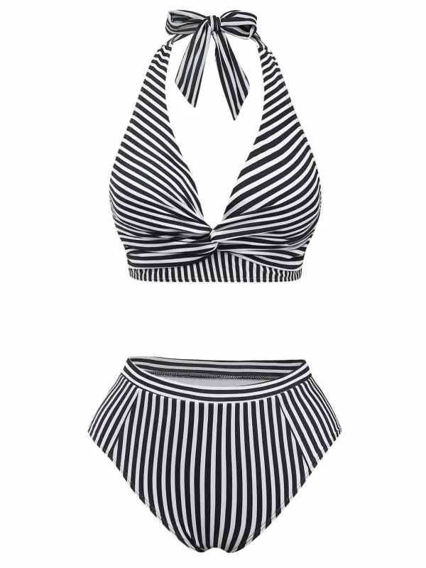 Black 1950s Halter Stripe Knotted Tankini Set made by Retro Stage