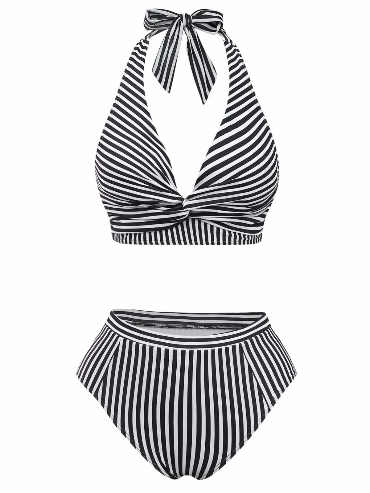 Black 1950s Halter Stripe Knotted Tankini Set sold by Retro Stage