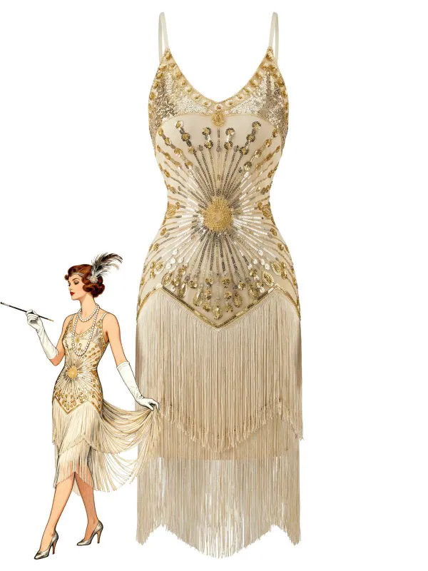 1920s Sequin Fringe Spaghetti Strap Flapper Dress made by Retro Stage
