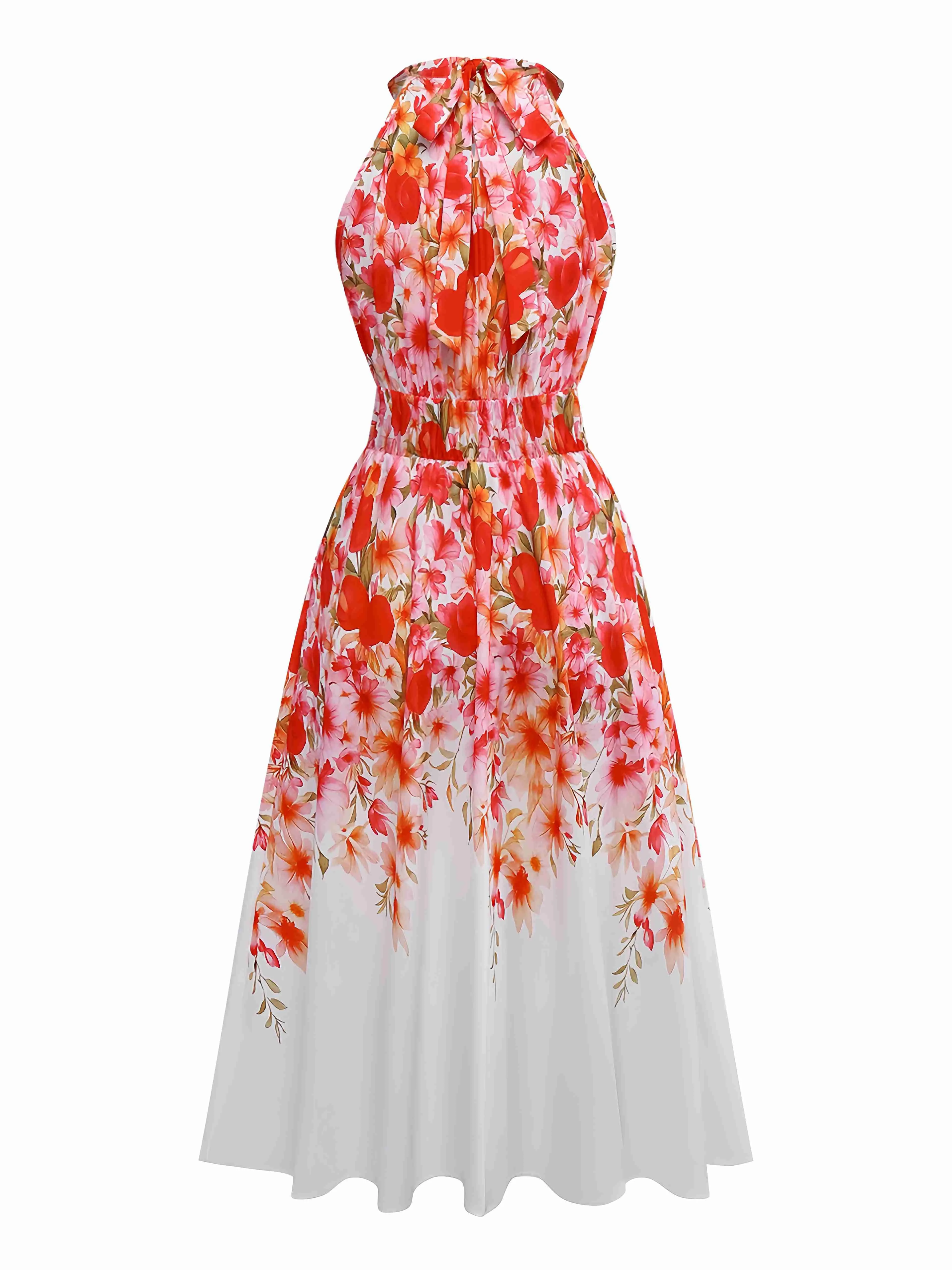Red 1940s Floral Round Neck Halter Dress sold by Retro Stage product image thumbnail 2