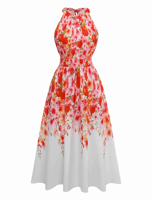 Red 1940s Floral Round Neck Halter Dress made by Retro Stage