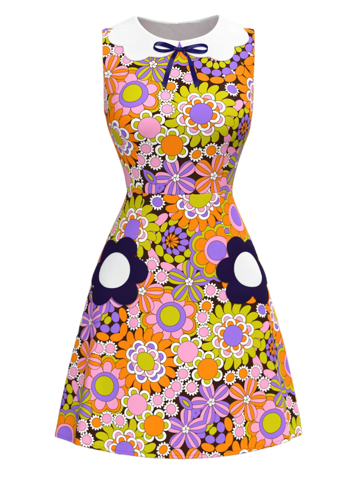 Orange 1960s Peter Pan Collar Floral Bow Dress sold by Retro Stage