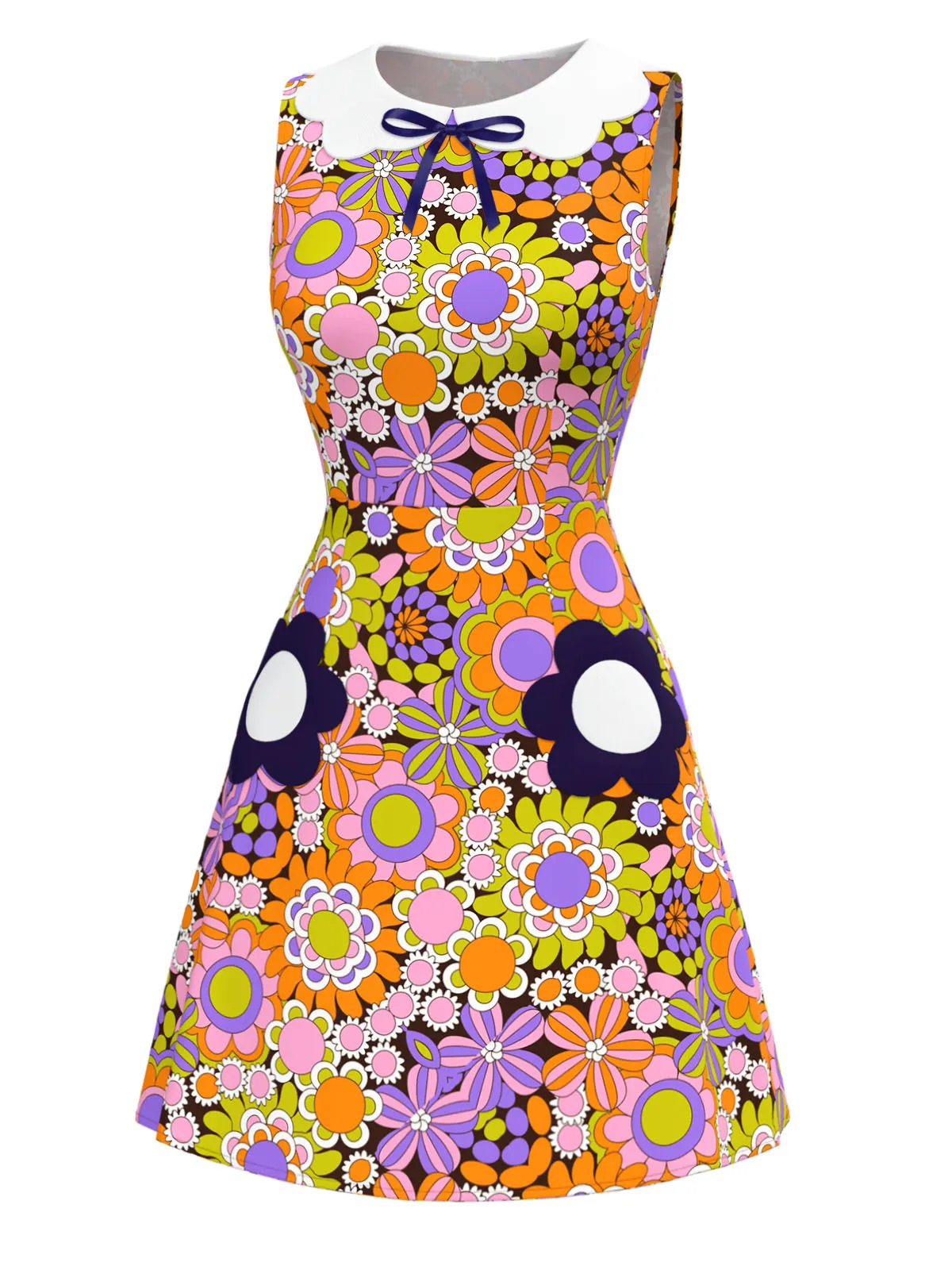 Orange 1960s Peter Pan Collar Floral Bow Dress sold by Retro Stage product image thumbnail 2