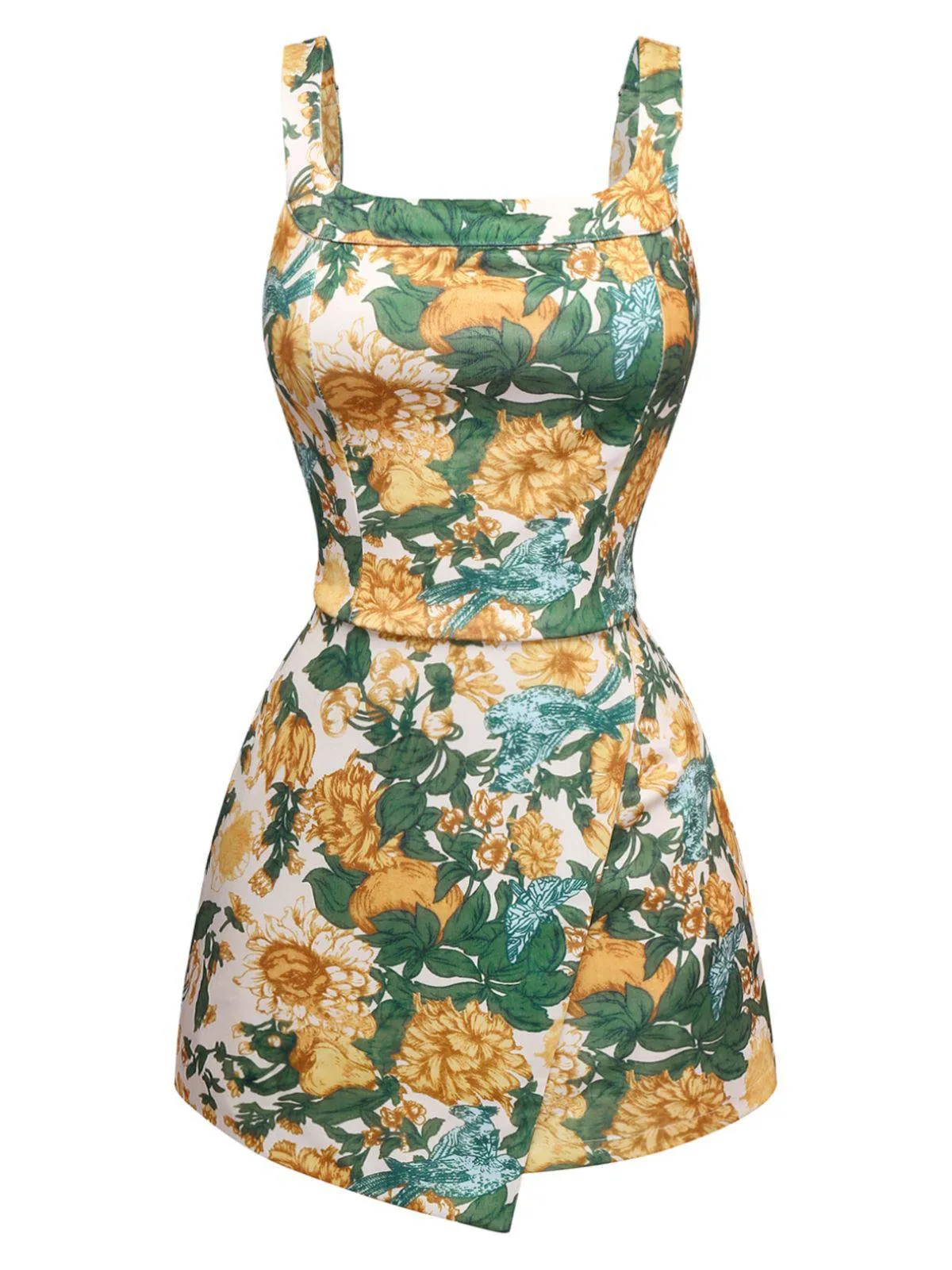 2PCS Yellow 1950s Floral Wide Strap Top & Mini Skirt sold by Retro Stage