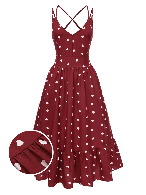 Red 1940s Heart Print V-Neck Sleeveless Dress made by Retro Stage