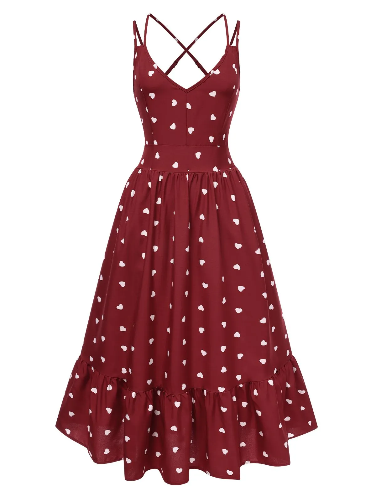 Red 1940s Heart Print V-Neck Sleeveless Dress sold by Retro Stage product image thumbnail 2