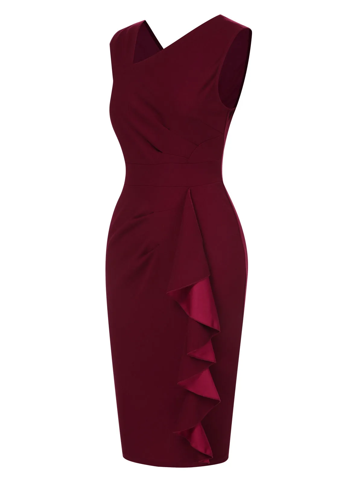 Wine Red 1960s Solid Ruffle Trim Pencil Dress sold by Retro Stage product image thumbnail 2