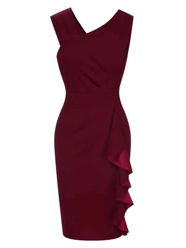 Wine Red 1960s Solid Ruffle Trim Pencil Dress made by Retro Stage