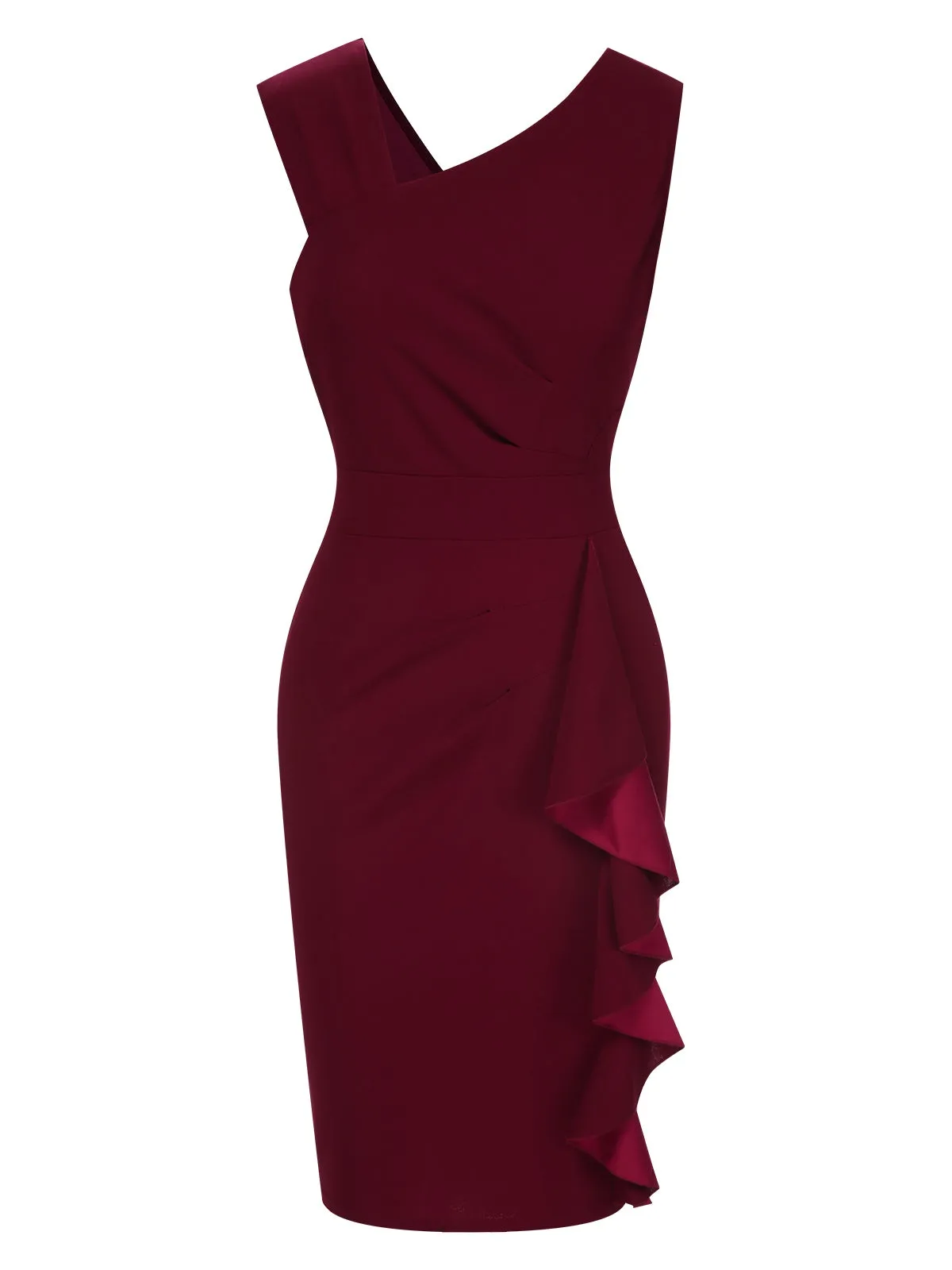 Wine Red 1960s Solid Ruffle Trim Pencil Dress sold by Retro Stage
