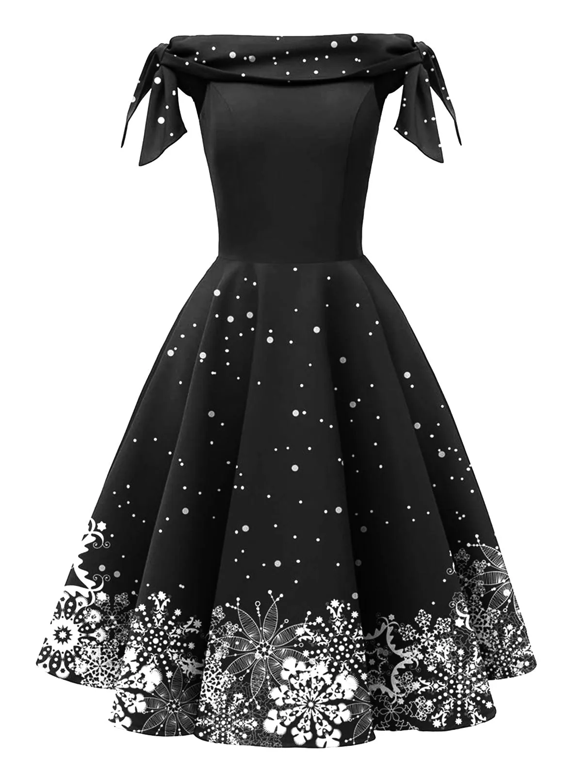 Black 1950s Christmas Snowflake Off-Shoulder Dress sold by Retro Stage