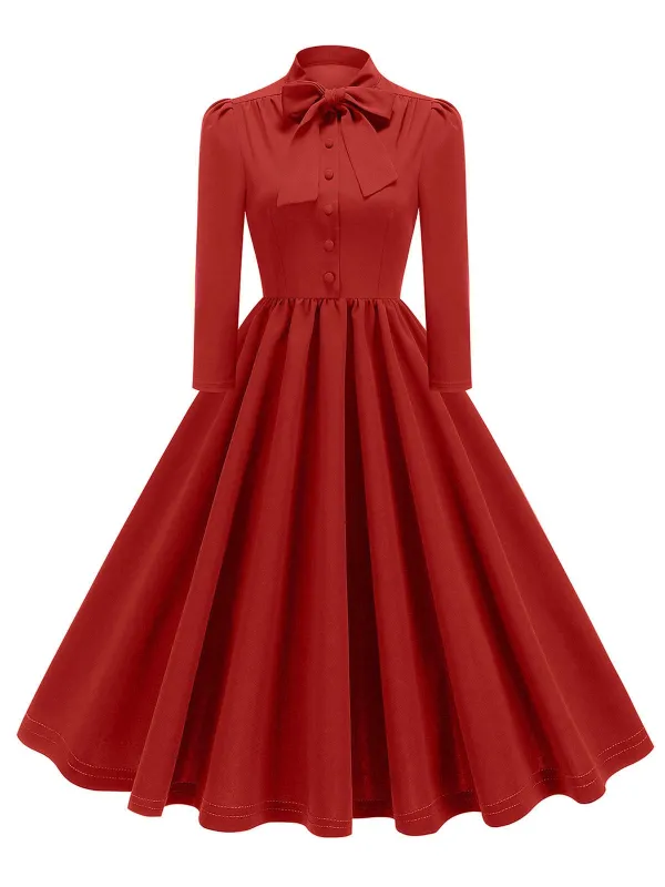 1950s Solid Bow Collar Buttoned Swing Dress made by Retro Stage
