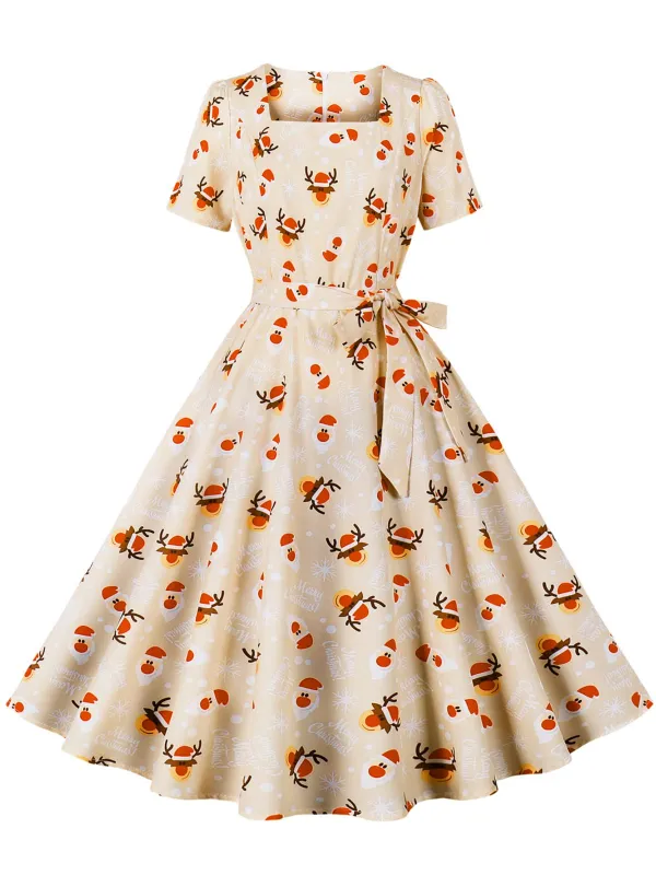 1950s Christmas Santa & Elk Print Swing Dress made by Retro Stage