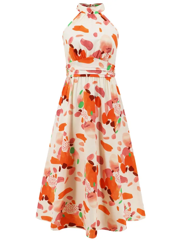 1940s Halter Lace-Up Printed Sleeveless Dress made by Retro Stage