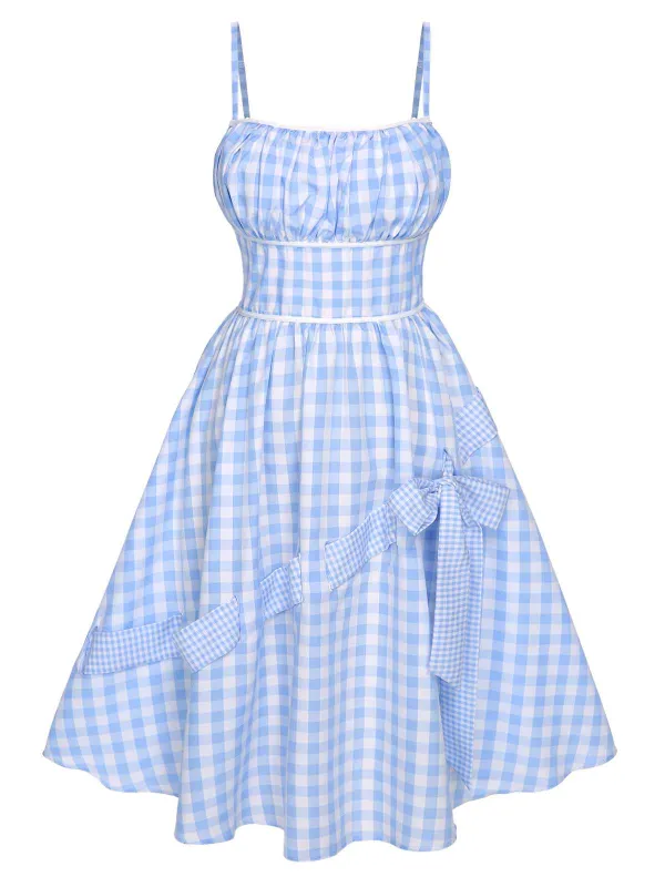 Blue 1950s Spaghetti Strap Plaids Bow Decor Dress made by Retro Stage