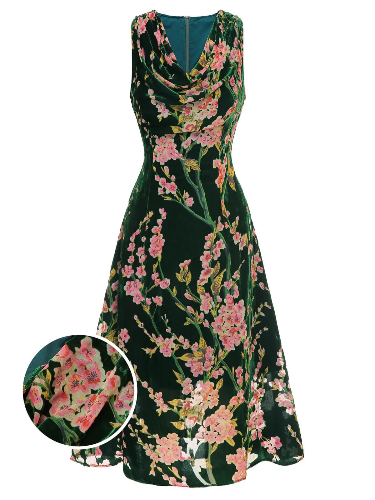 Green 1930s Floral Velvet Sleeveless Dress sold by Retro Stage