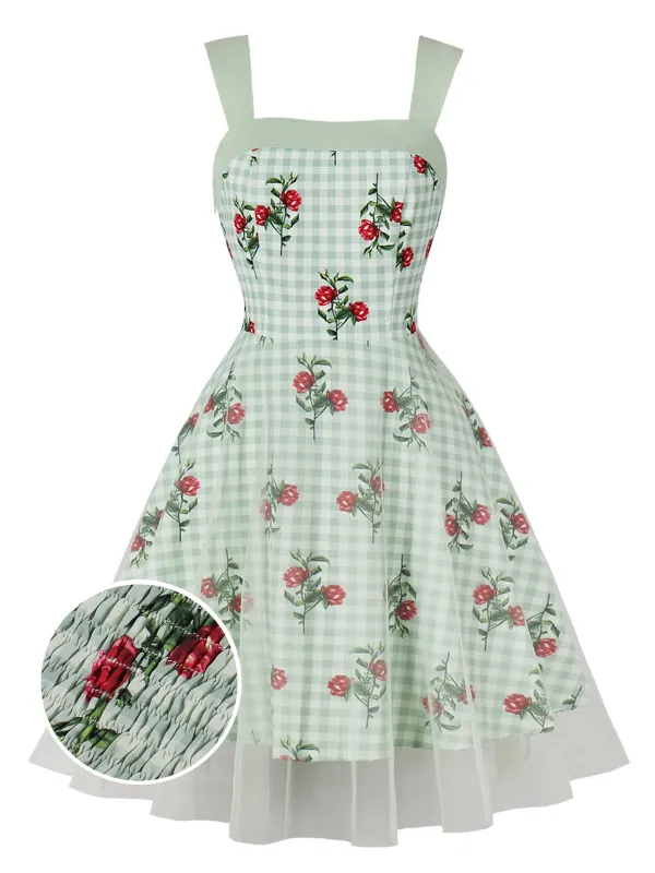 Green 1950s Plaid Floral Mesh Patchwork Dress made by Retro Stage