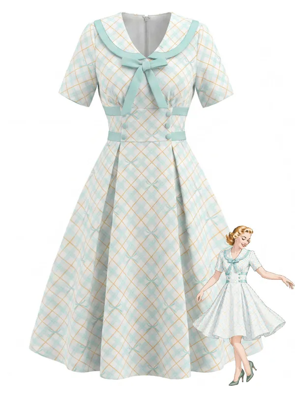 [Pre-Sale] Yellow & Blue 1950s Peter Pan Collar Plaid Bow Dress made by Retro Stage