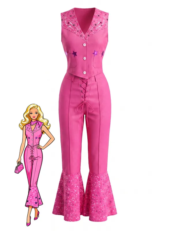 2PCS Pink 1970s Barbie V-Neck Top & Flare Pants made by Retro Stage