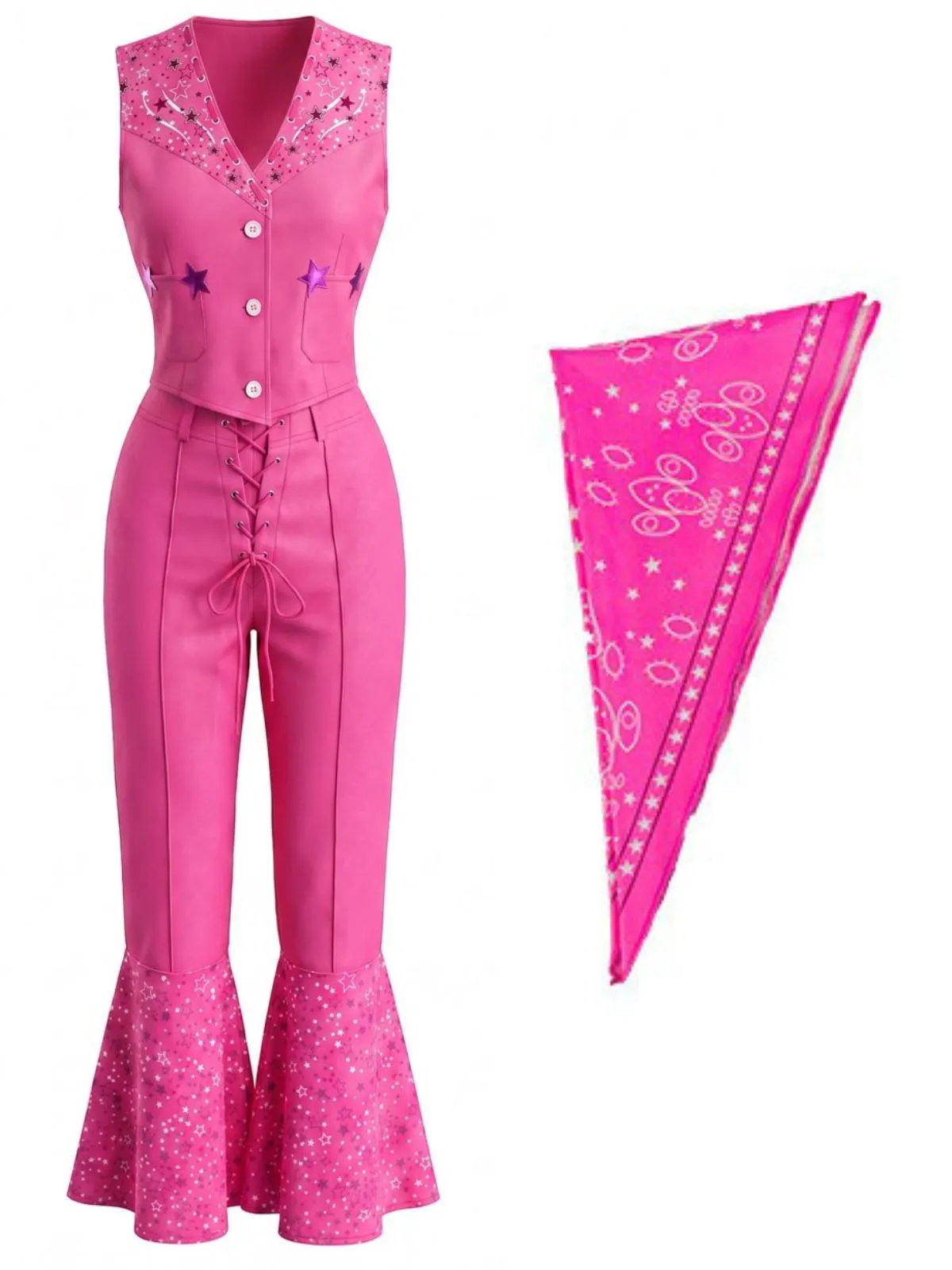2PCS Pink 1970s Barbie V-Neck Top & Flare Pants sold by Retro Stage product image thumbnail 4