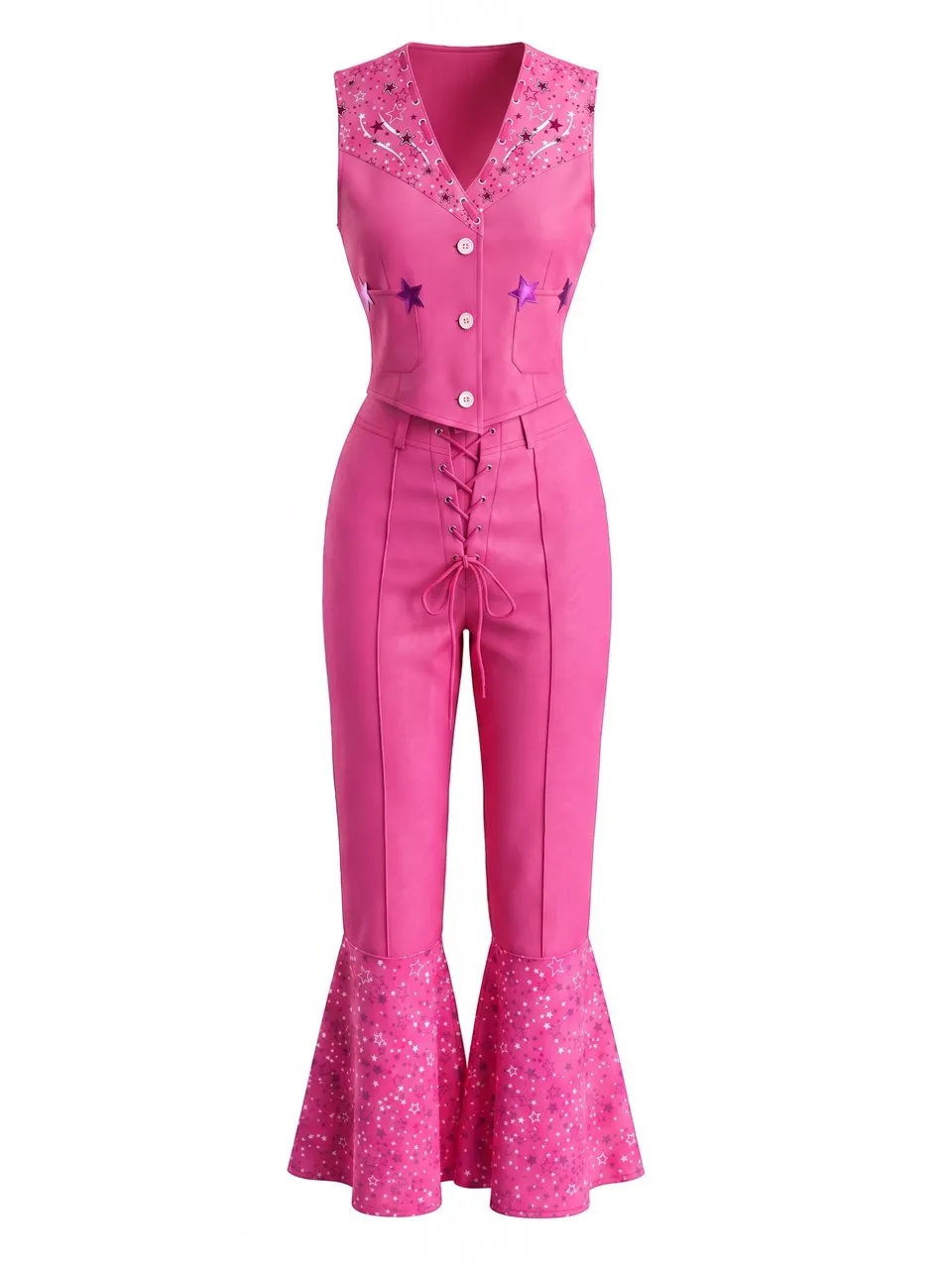 2PCS Pink 1970s Barbie V-Neck Top & Flare Pants sold by Retro Stage product image thumbnail 2