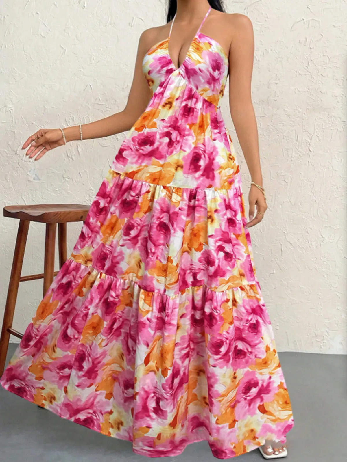 1930s Floral Halter V-Neck Tiered Maxi Dress sold by Retro Stage product image thumbnail 4
