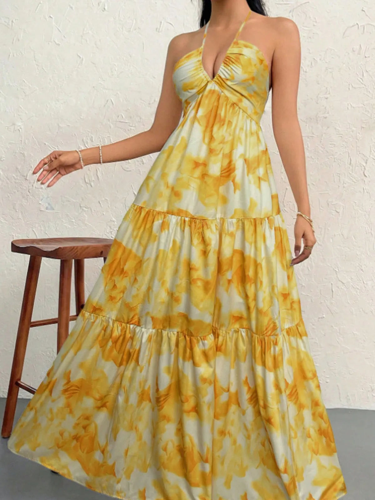 1930s Floral Halter V-Neck Tiered Maxi Dress sold by Retro Stage