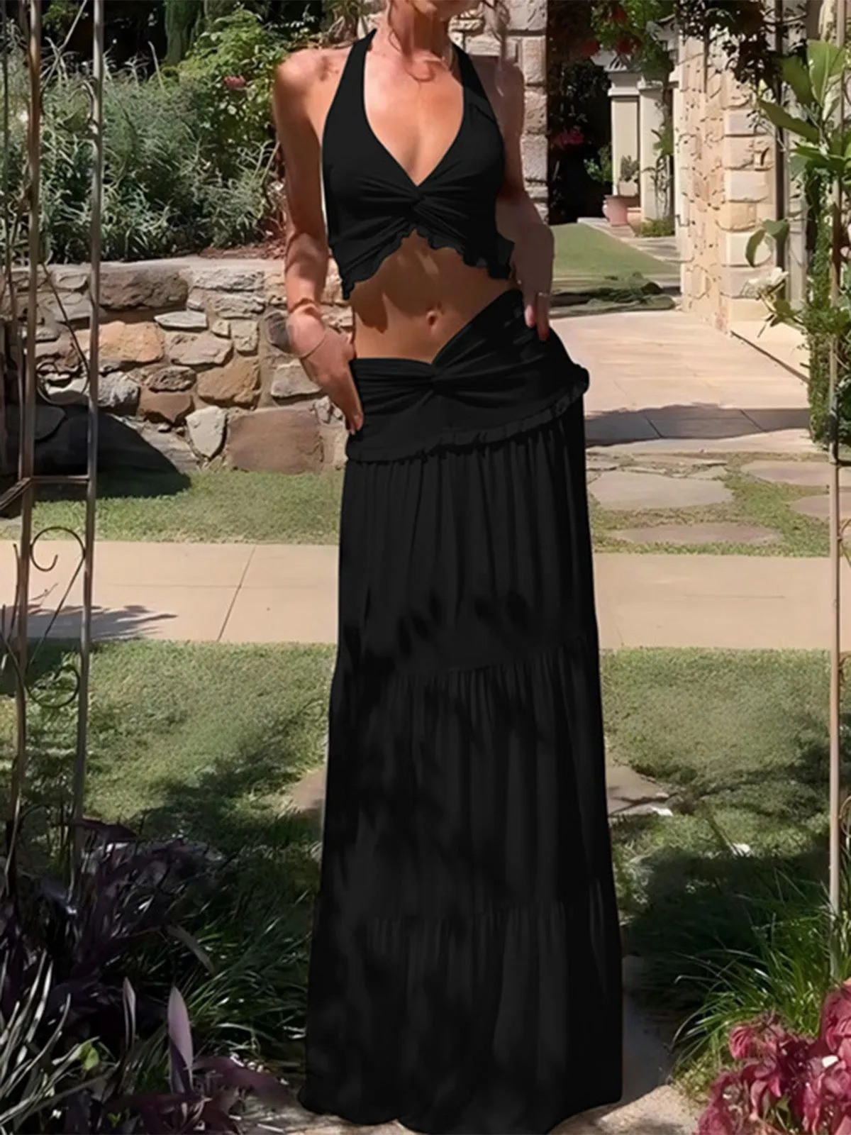 2PCS 1970s Twist-Front Halter Crop Top & Maxi Skirt sold by Retro Stage product image thumbnail 5