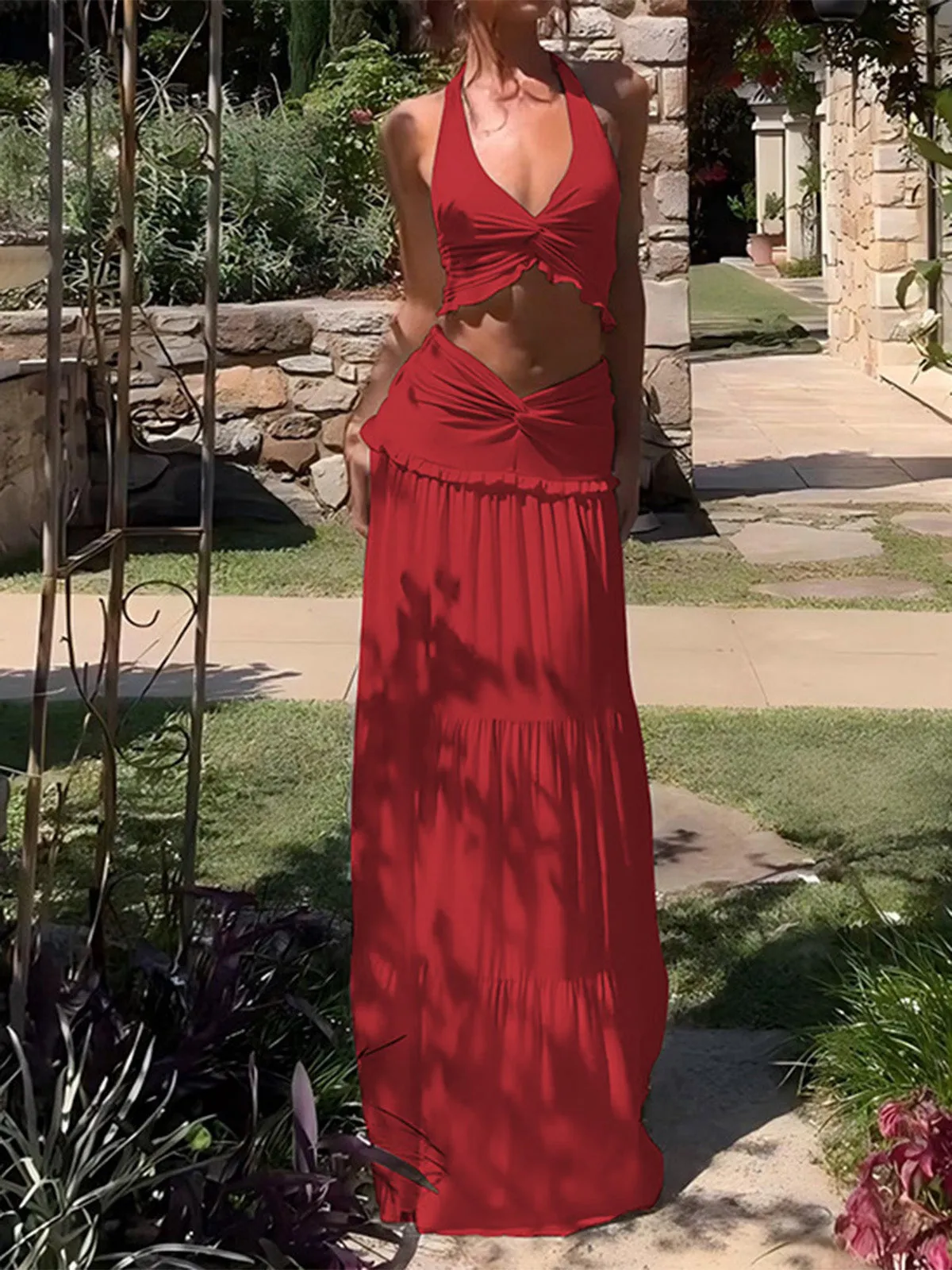 2PCS 1970s Twist-Front Halter Crop Top & Maxi Skirt sold by Retro Stage product image thumbnail 2