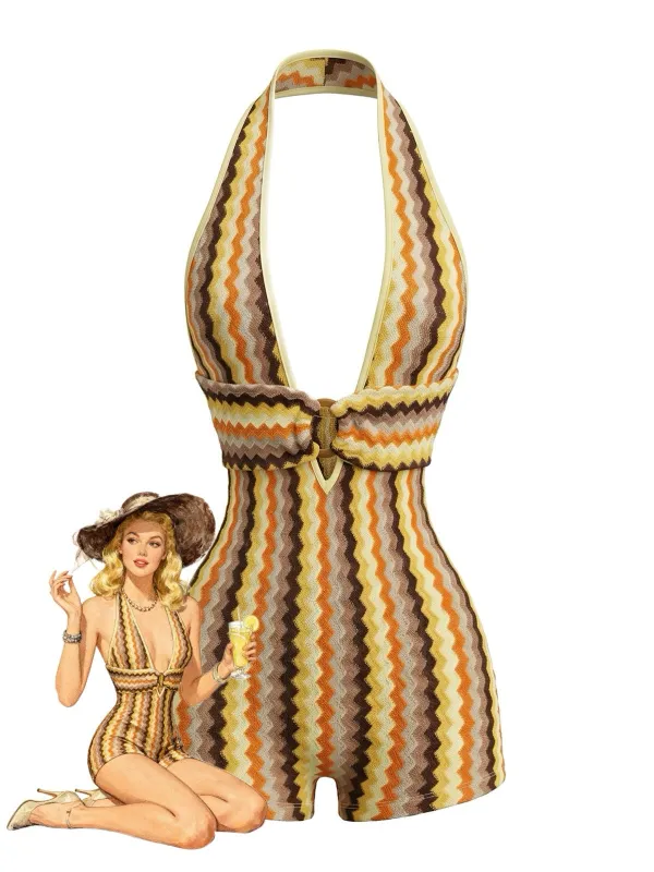 [Pre-Sale] Multicolor 1970s Halter Deep V-Neck Zig-Zag Knit Romper made by Retro Stage