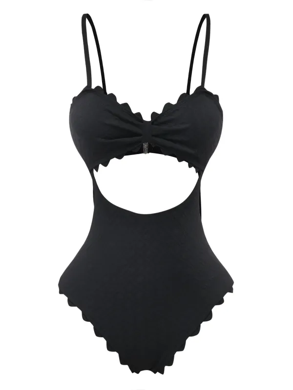 Black 1950s Textured Scalloped Trim Cutout One-Piece Swimsuit made by Retro Stage