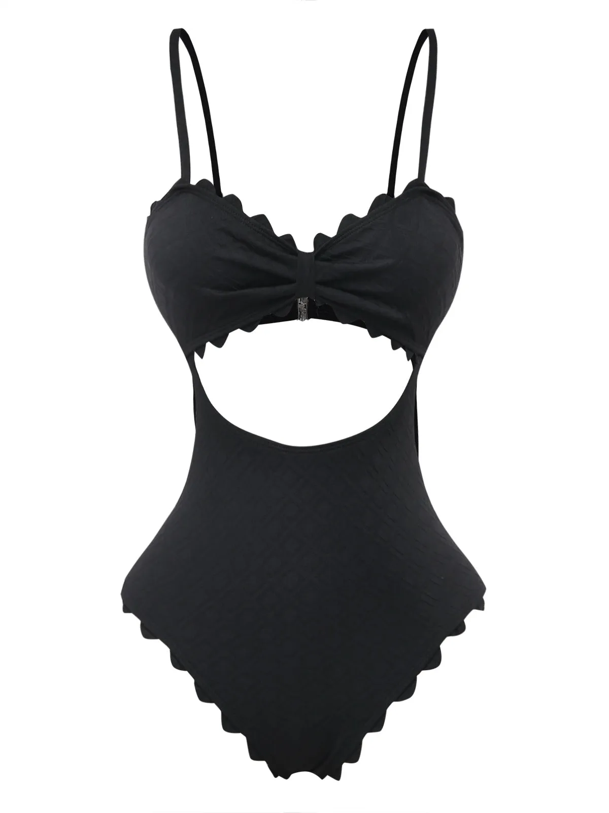 Black 1950s Textured Scalloped Trim Cutout One-Piece Swimsuit sold by Retro Stage