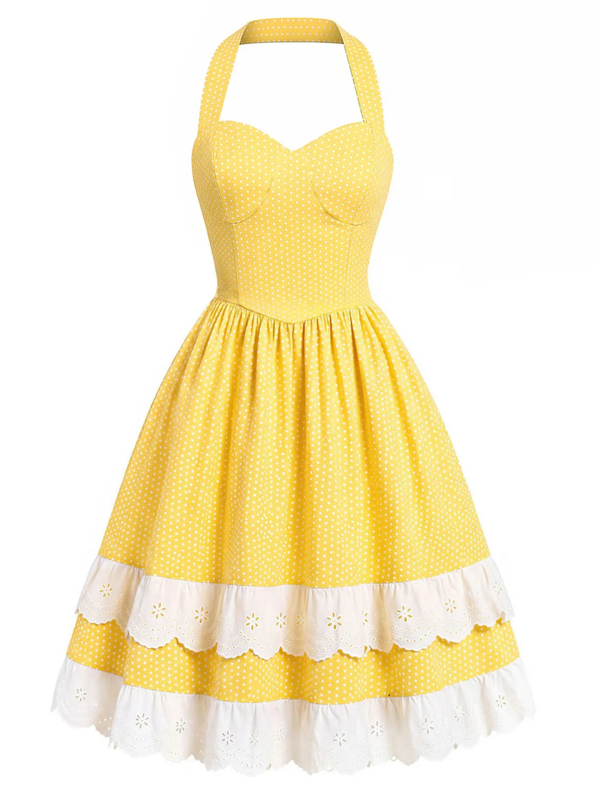 Yellow 1950s Cotton Halter Polka Dot Bow Tiered Dress sold by Retro Stage product image thumbnail 3