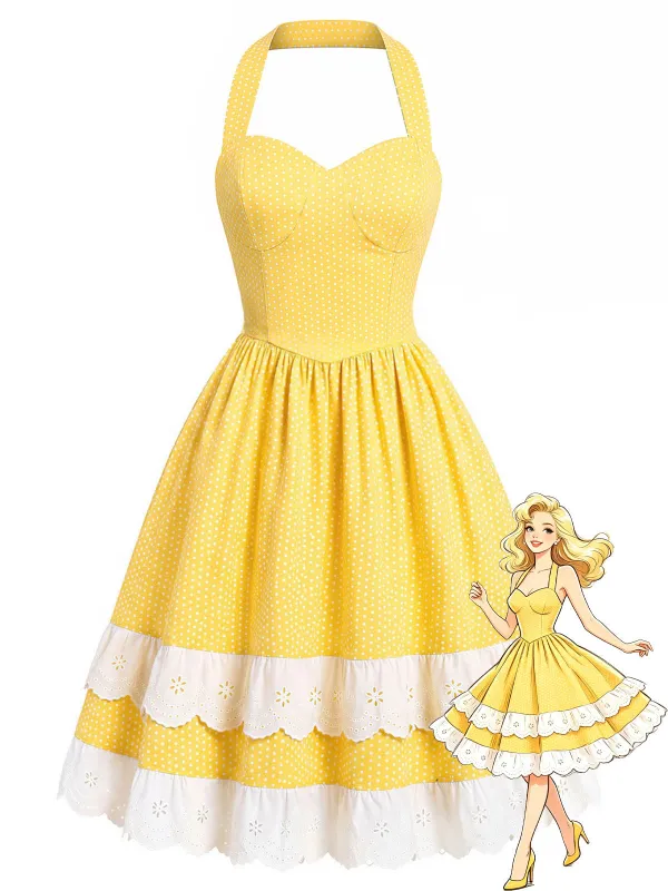 [Pre-Sale] Yellow 1950s Cotton Halter Polka Dot Bow Tiered Dress made by Retro Stage