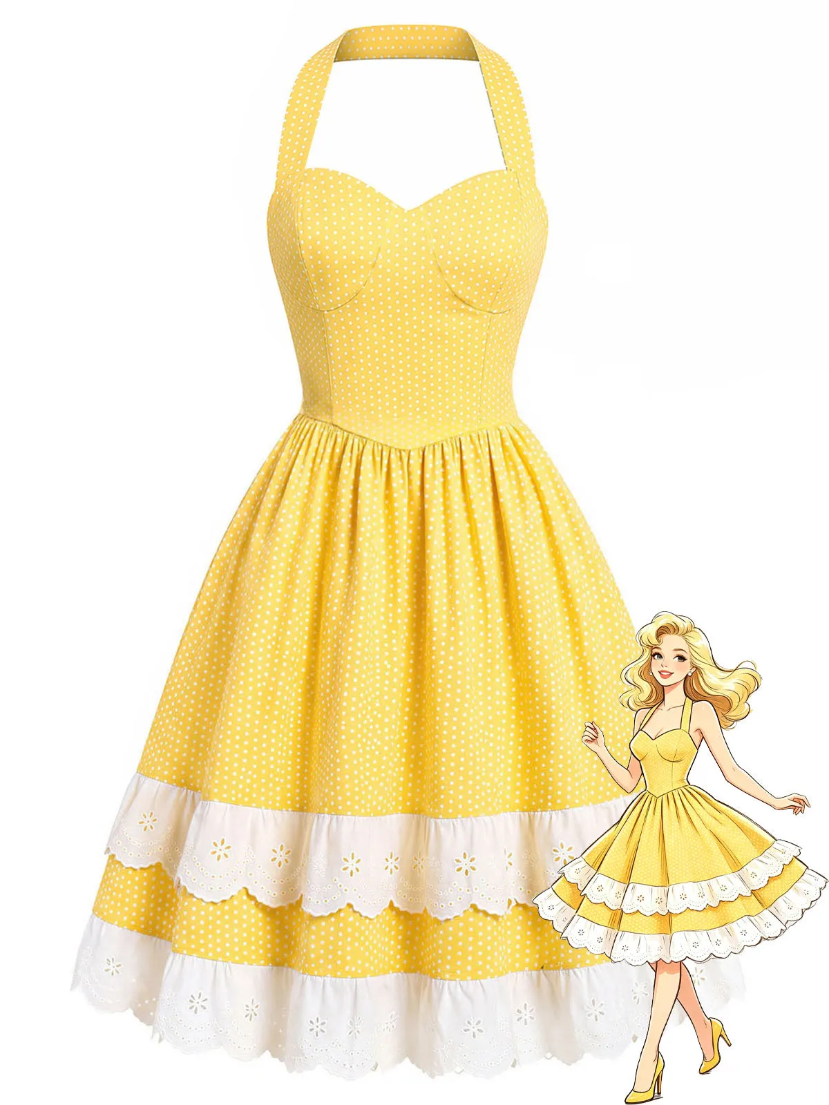 Yellow 1950s Cotton Halter Polka Dot Bow Tiered Dress sold by Retro Stage