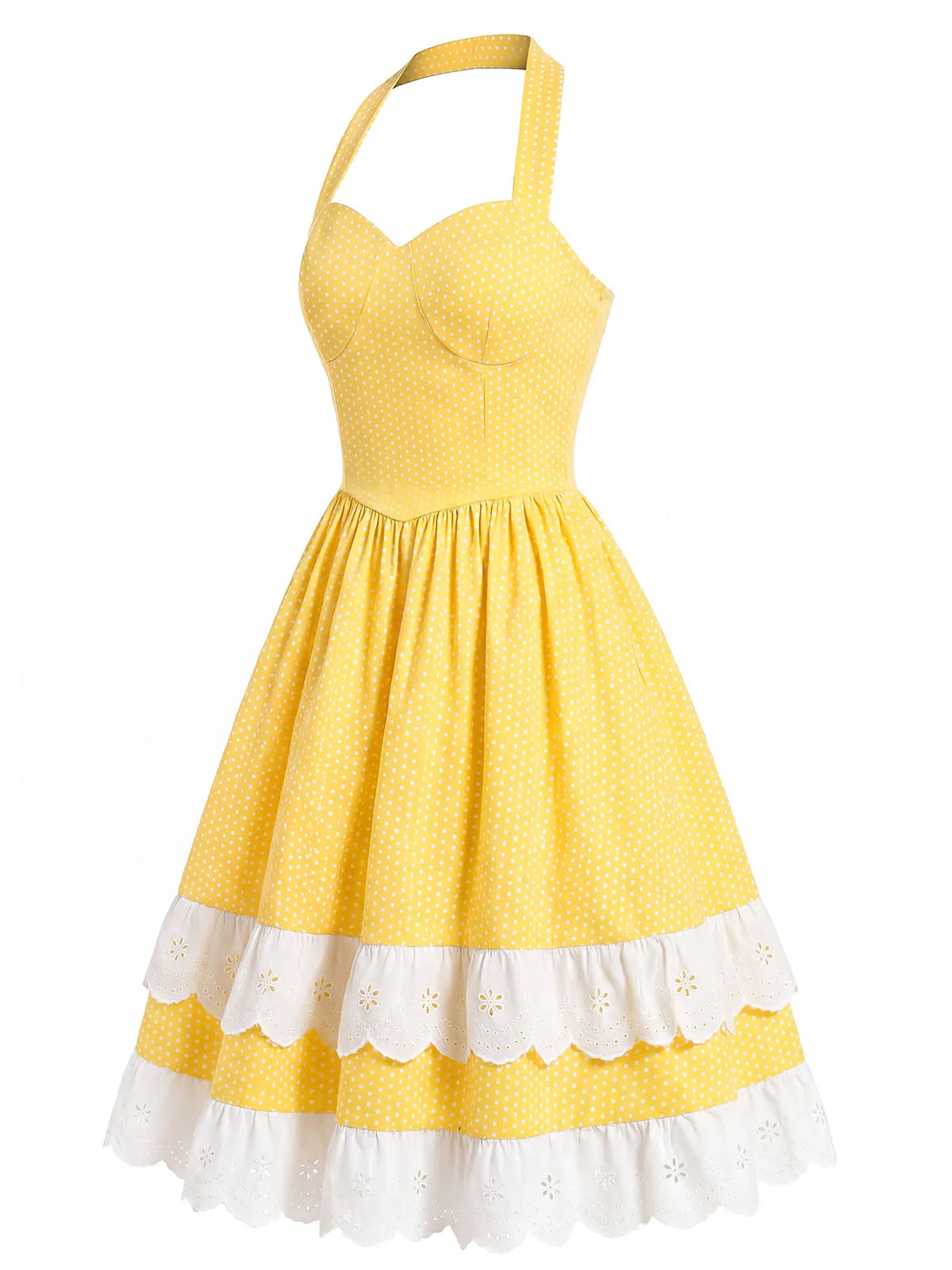 Yellow 1950s Cotton Halter Polka Dot Bow Tiered Dress sold by Retro Stage product image thumbnail 4