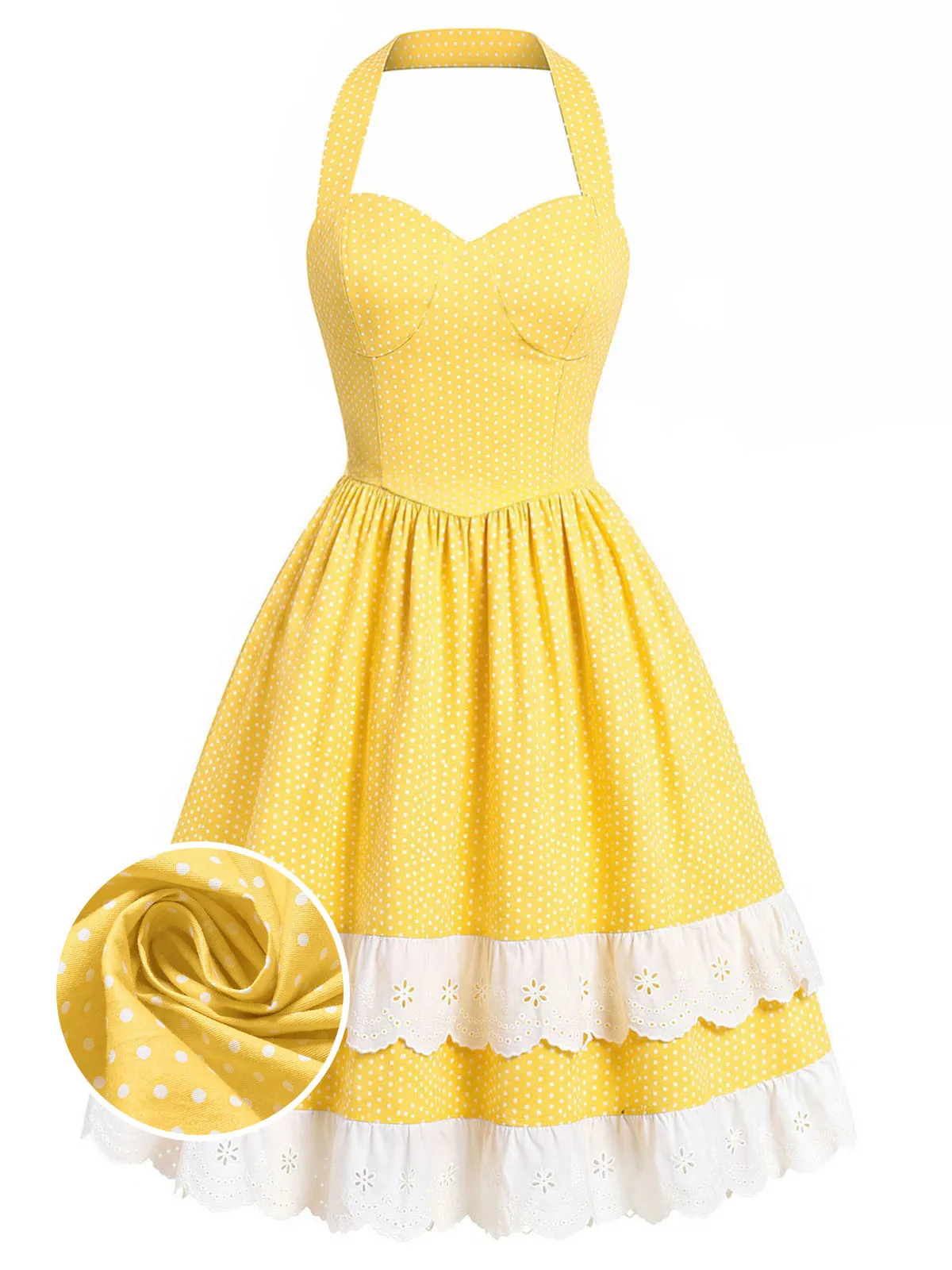 Yellow 1950s Cotton Halter Polka Dot Bow Tiered Dress sold by Retro Stage product image thumbnail 2