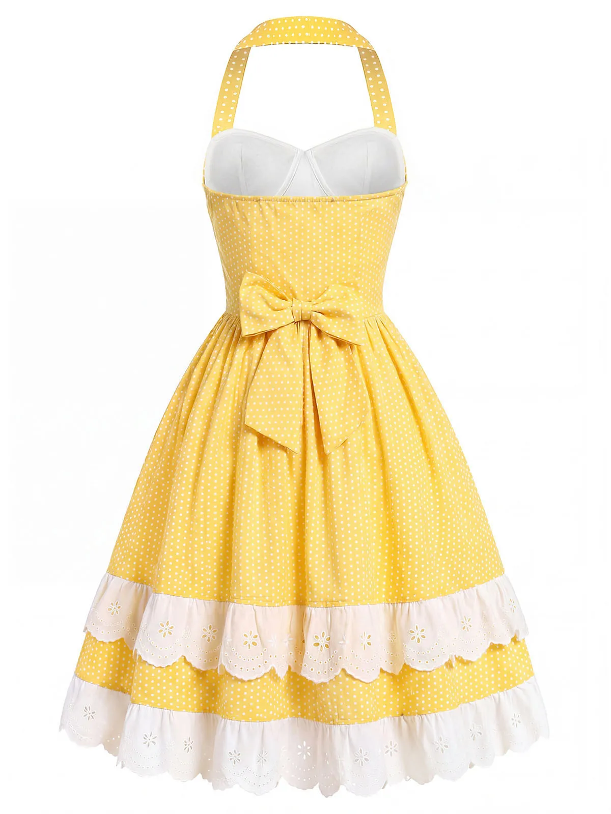 Yellow 1950s Cotton Halter Polka Dot Bow Tiered Dress sold by Retro Stage product image thumbnail 5