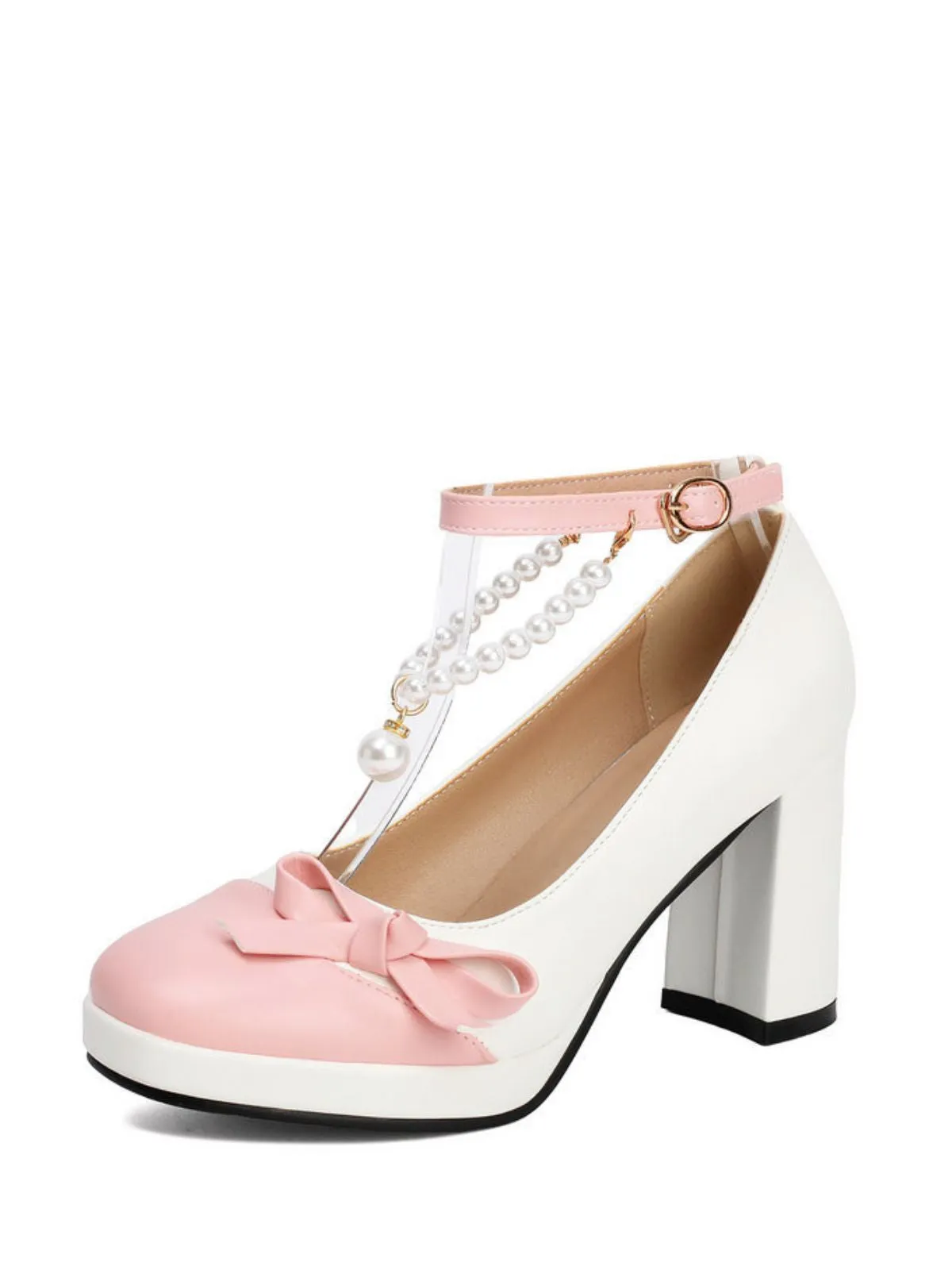Colorblock Pearls Ankle Strap Bow Chunky-Heel Shoes sold by Retro Stage product image thumbnail 4