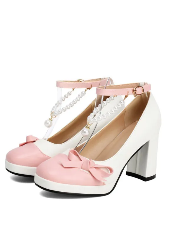 Colorblock Pearls Ankle Strap Bow Chunky-Heel Shoes made by Retro Stage