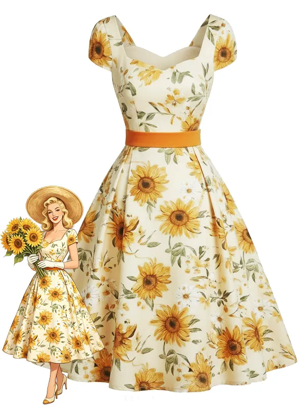 Orange 1950s Sunflower Sweetheart Neck Dress made by Retro Stage